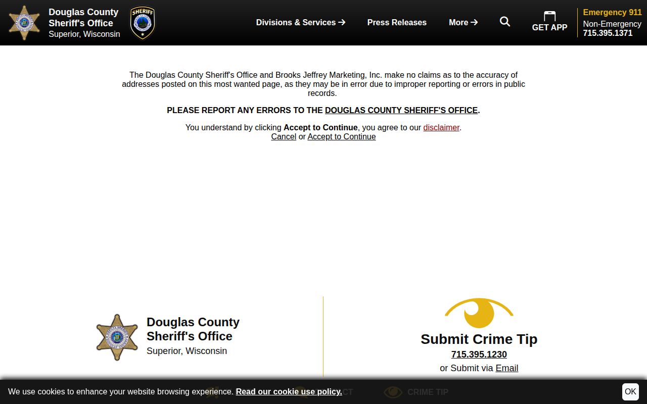 Douglas County wanted-record disclaimer from the sheriff's official Most Wanted page